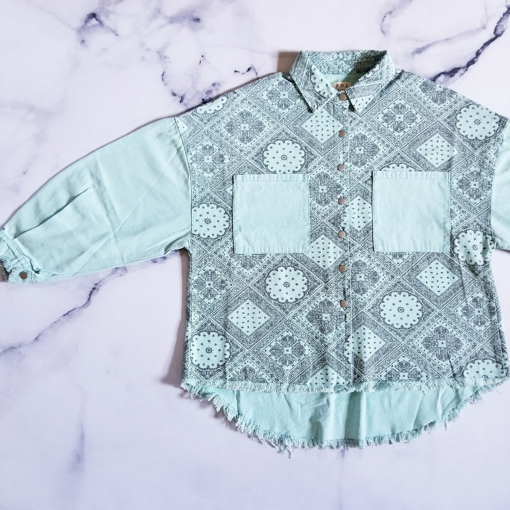 Pol Mint And Gray Patterned Jean Jacket - image 7